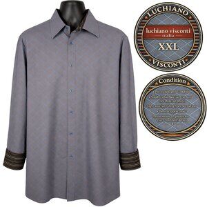 Luchiano Visconti Italia Mens XXL Gray Blue Windowpane Flip Cuff LS Shirt